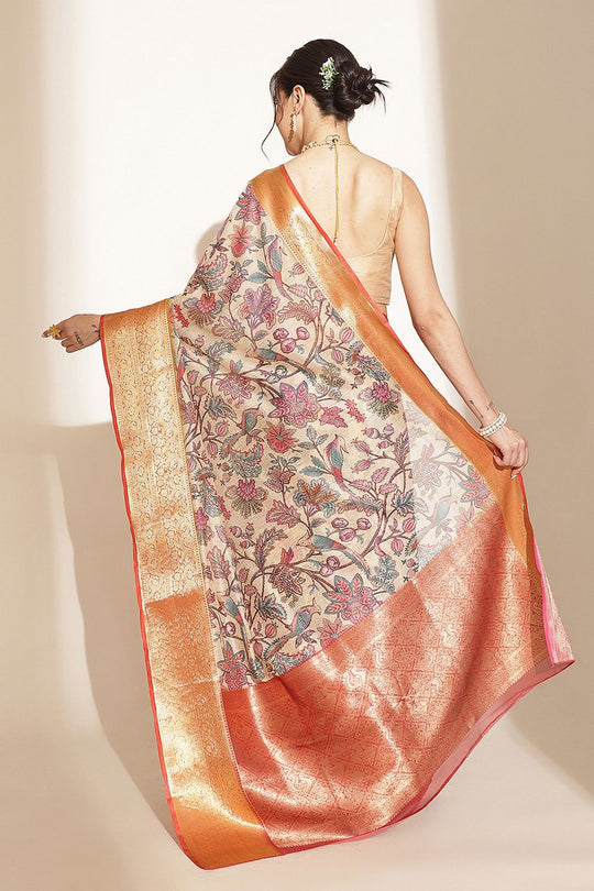 Trina Beige Soft Silk Kalamkari Printed Ready to Wear Saree
