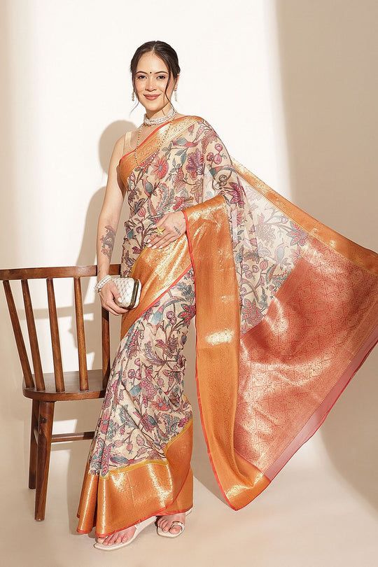 Trina Beige Soft Silk Kalamkari Printed Ready to Wear Saree