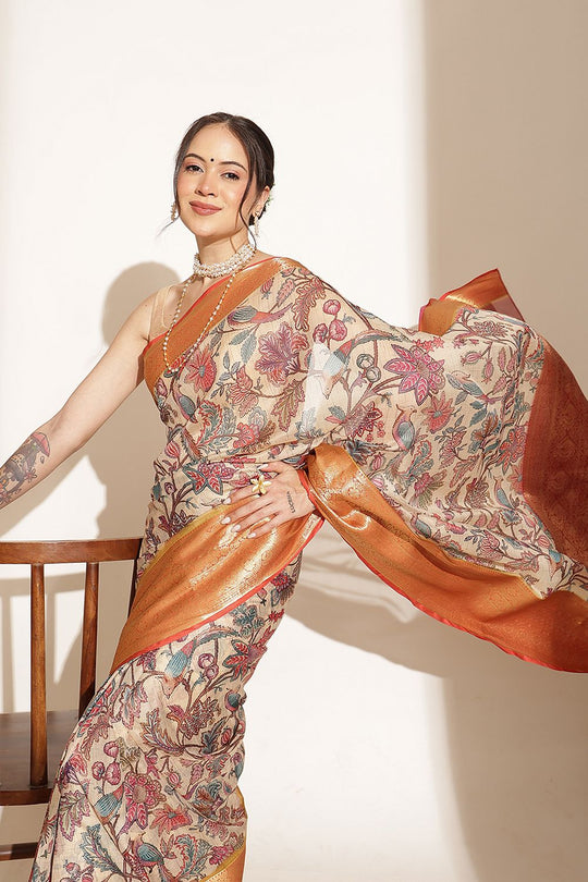 Trina Beige Soft Silk Kalamkari Printed Ready to Wear Saree