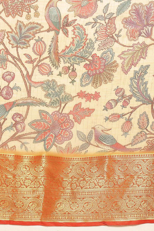 Trina Beige Soft Silk Kalamkari Printed Ready to Wear Saree