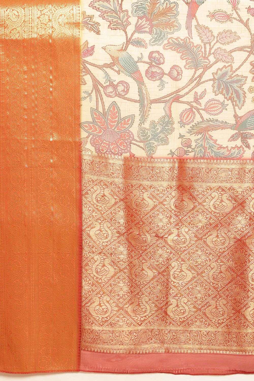 Trina Beige Soft Silk Kalamkari Printed Ready to Wear Saree