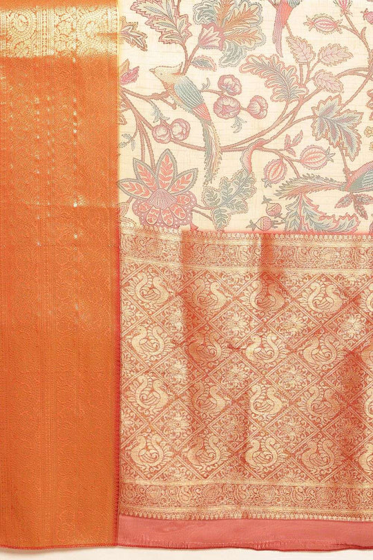 Trina Beige Soft Silk Kalamkari Printed Ready to Wear Saree