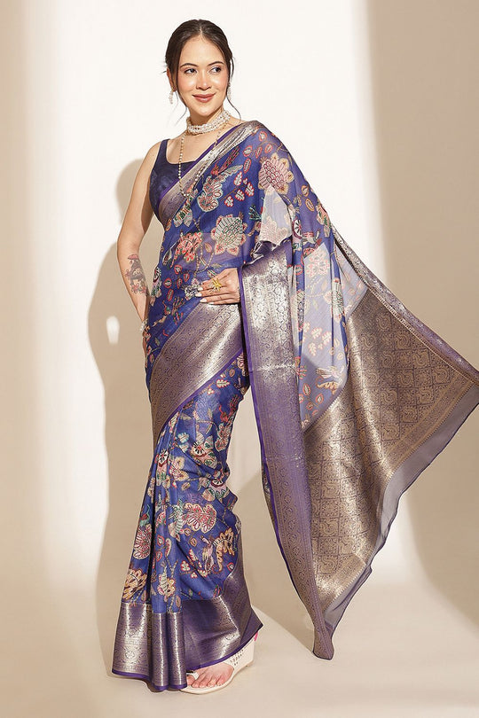 Maja Blue Soft Silk Kalamkari Printed Ready to Wear Saree