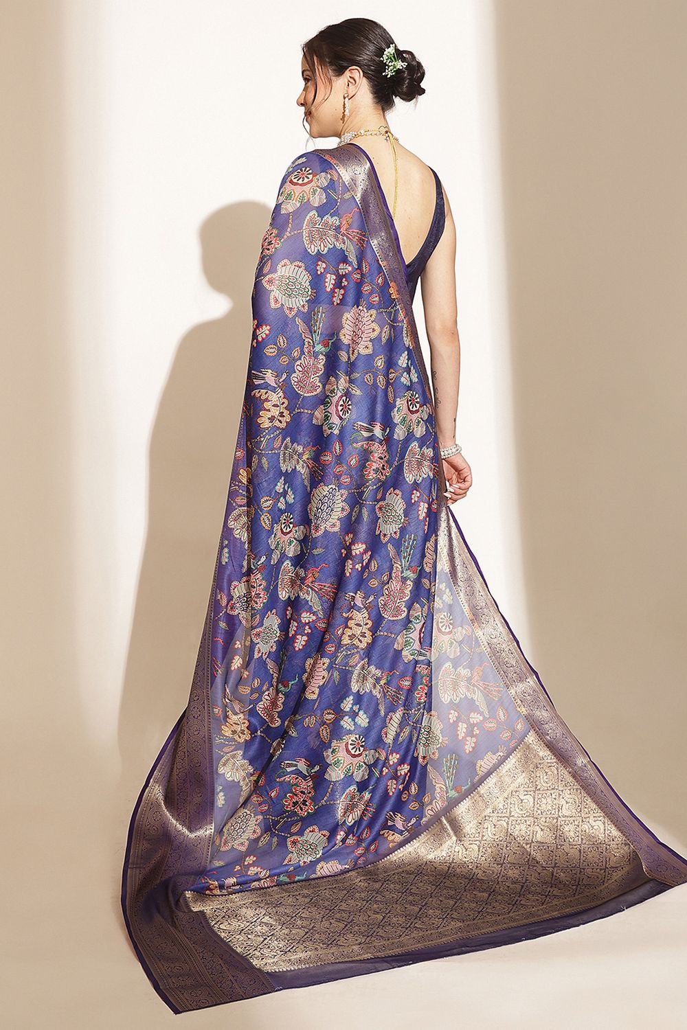 Maja Blue Soft Silk Kalamkari Printed Ready to Wear Saree