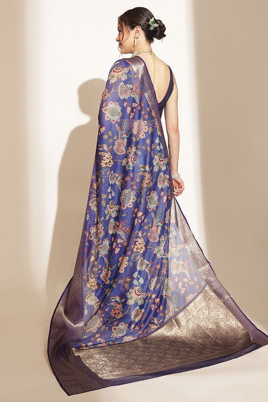 Maja Blue Soft Silk Kalamkari Printed Ready to Wear Saree