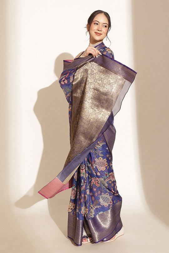 Maja Blue Soft Silk Kalamkari Printed Ready to Wear Saree