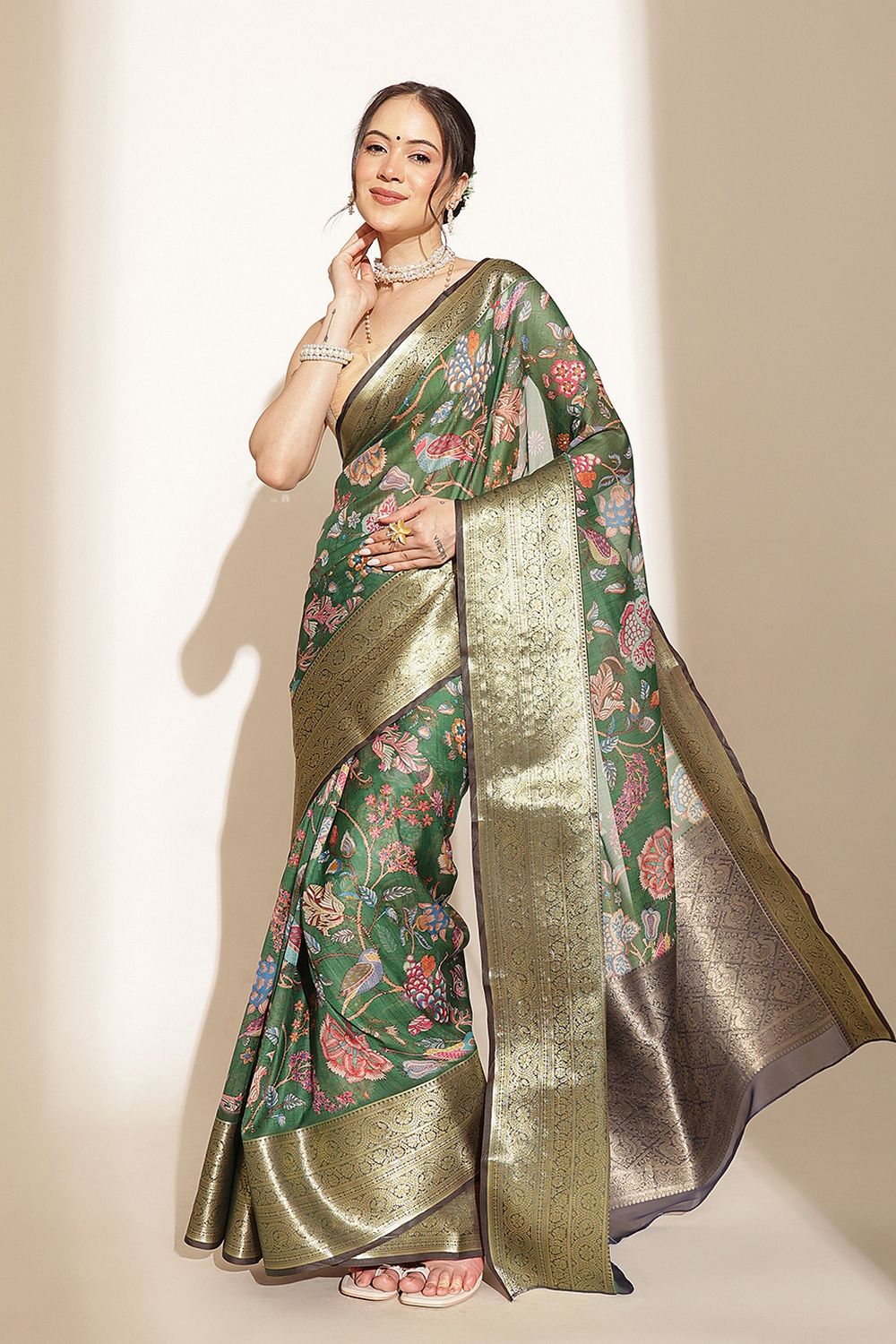 Hannah Green Soft Silk Kalamkari Printed Ready to Wear Saree