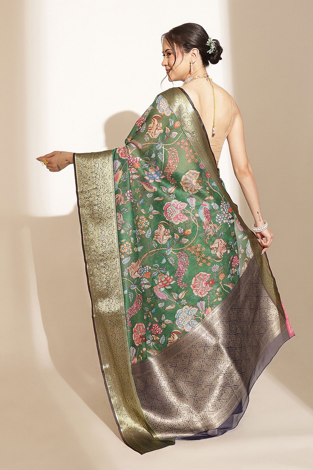 Hannah Green Soft Silk Kalamkari Printed Ready to Wear Saree