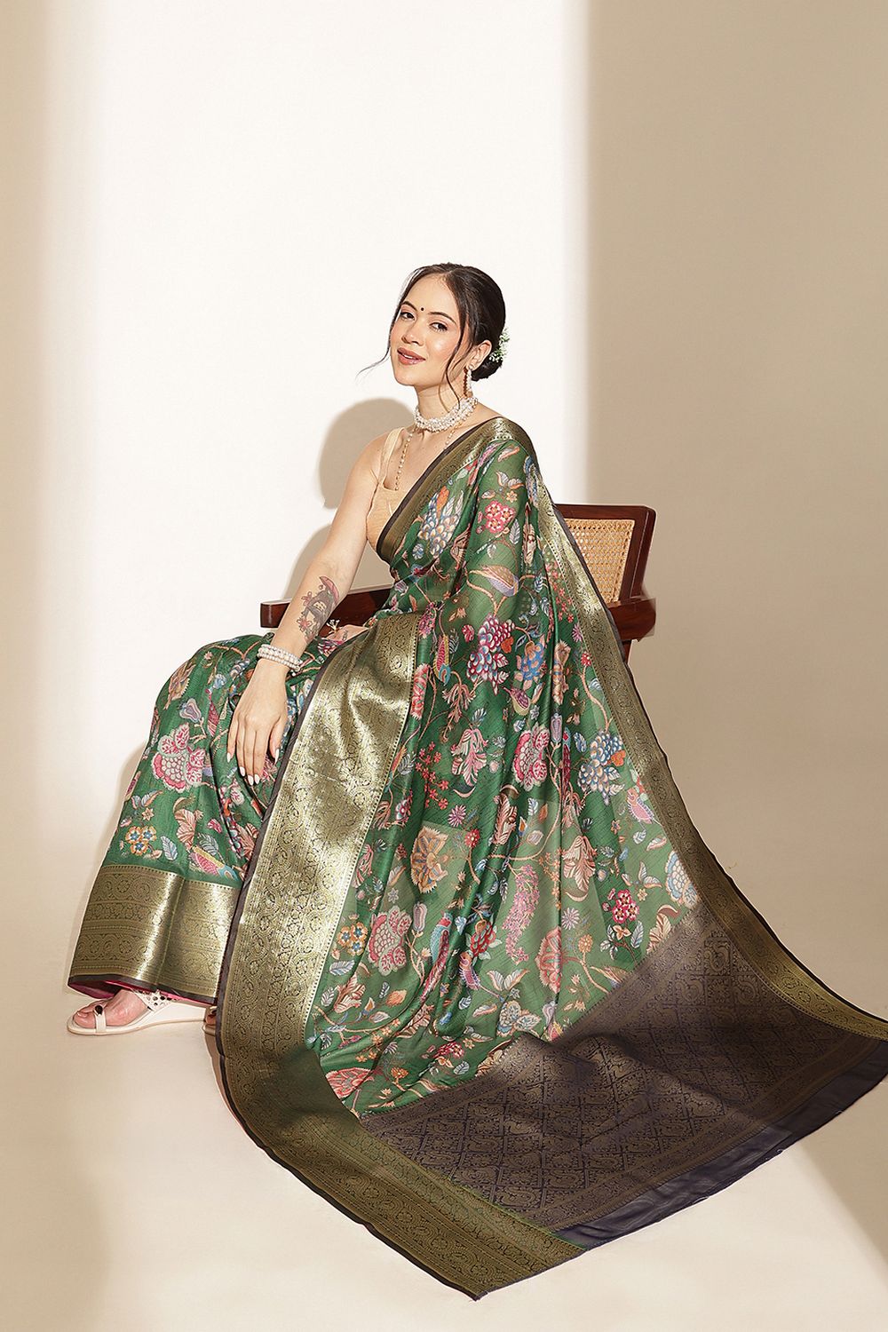 Hannah Green Soft Silk Kalamkari Printed Ready to Wear Saree