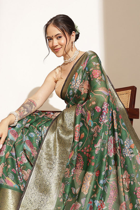 Hannah Green Soft Silk Kalamkari Printed Ready to Wear Saree