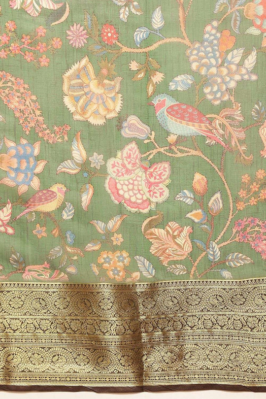 Hannah Green Soft Silk Kalamkari Printed Ready to Wear Saree