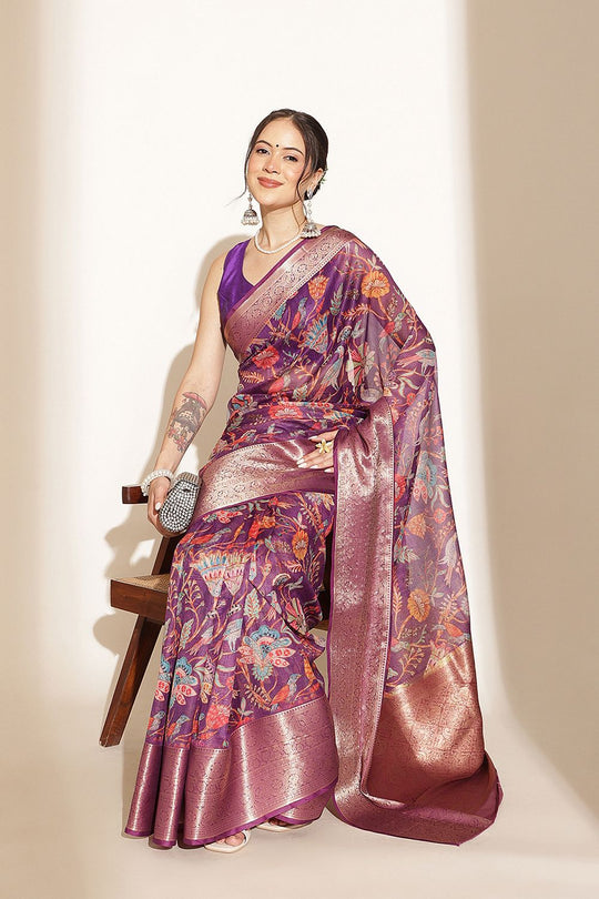 Rosa Purple Soft Silk Kalamkari Printed Ready to Wear Saree