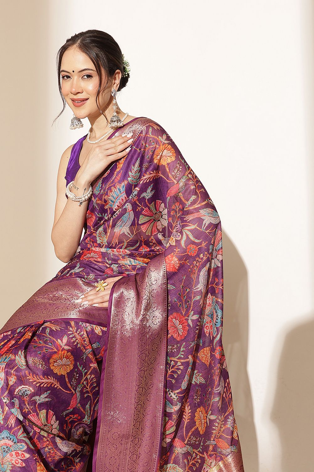 Rosa Purple Soft Silk Kalamkari Printed Ready to Wear Saree