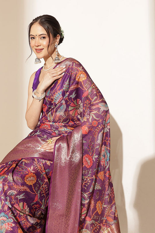 Rosa Purple Soft Silk Kalamkari Printed Ready to Wear Saree