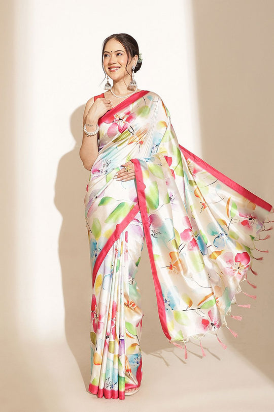 Megha Beige Soft Silk Floral Printed Ready to Wear Saree