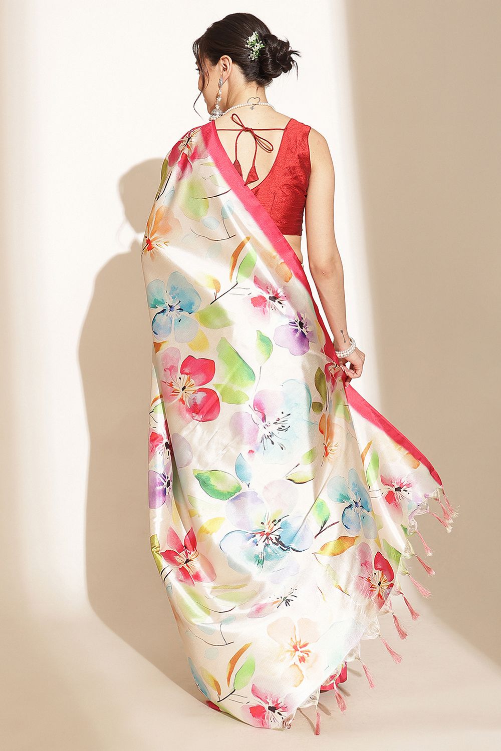 Megha Beige Soft Silk Floral Printed Ready to Wear Saree