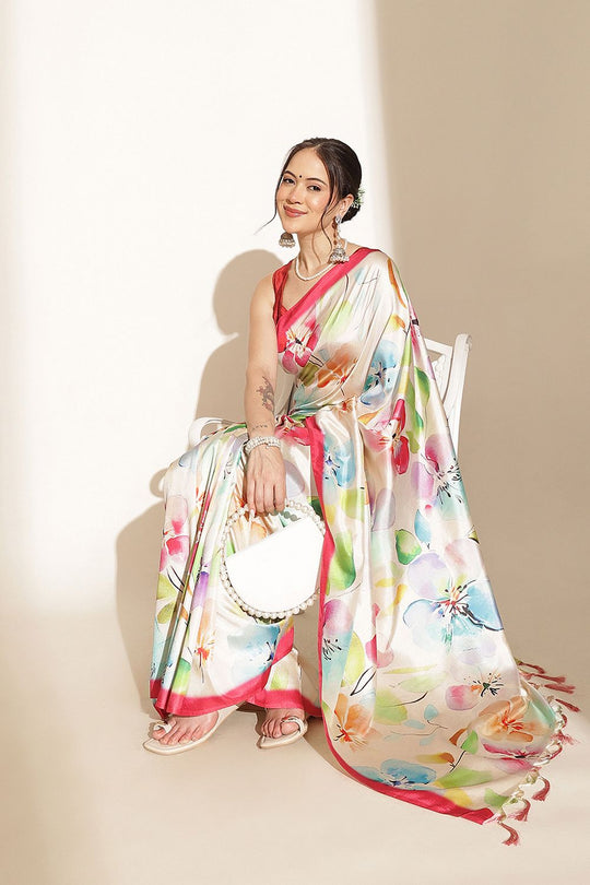 Megha Beige Soft Silk Floral Printed Ready to Wear Saree