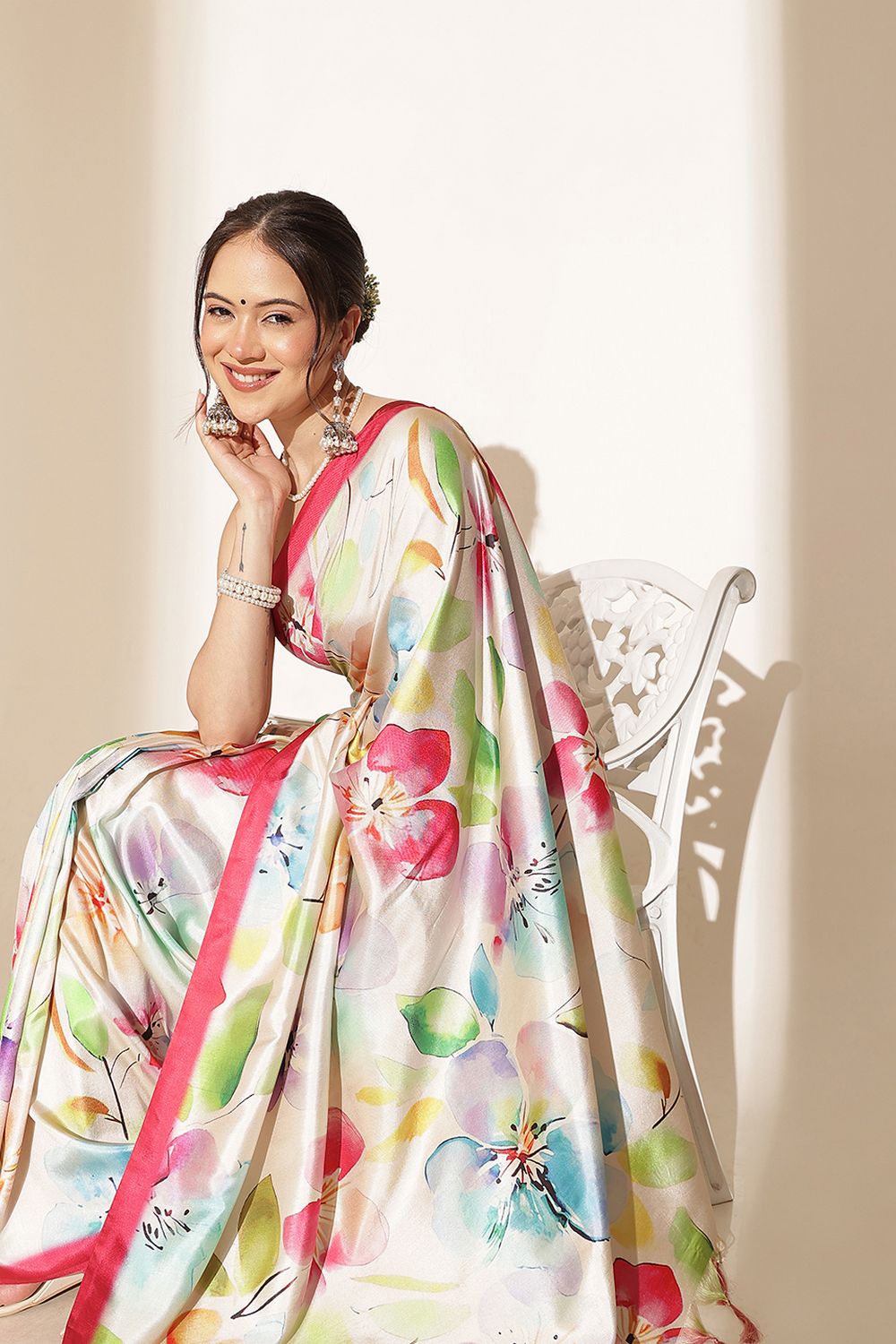 Megha Beige Soft Silk Floral Printed Ready to Wear Saree