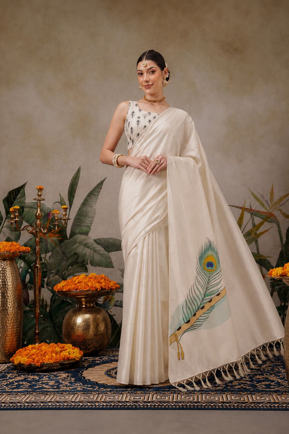 Emma Cream Soft Silk Peacock Printed Ready to Wear Saree