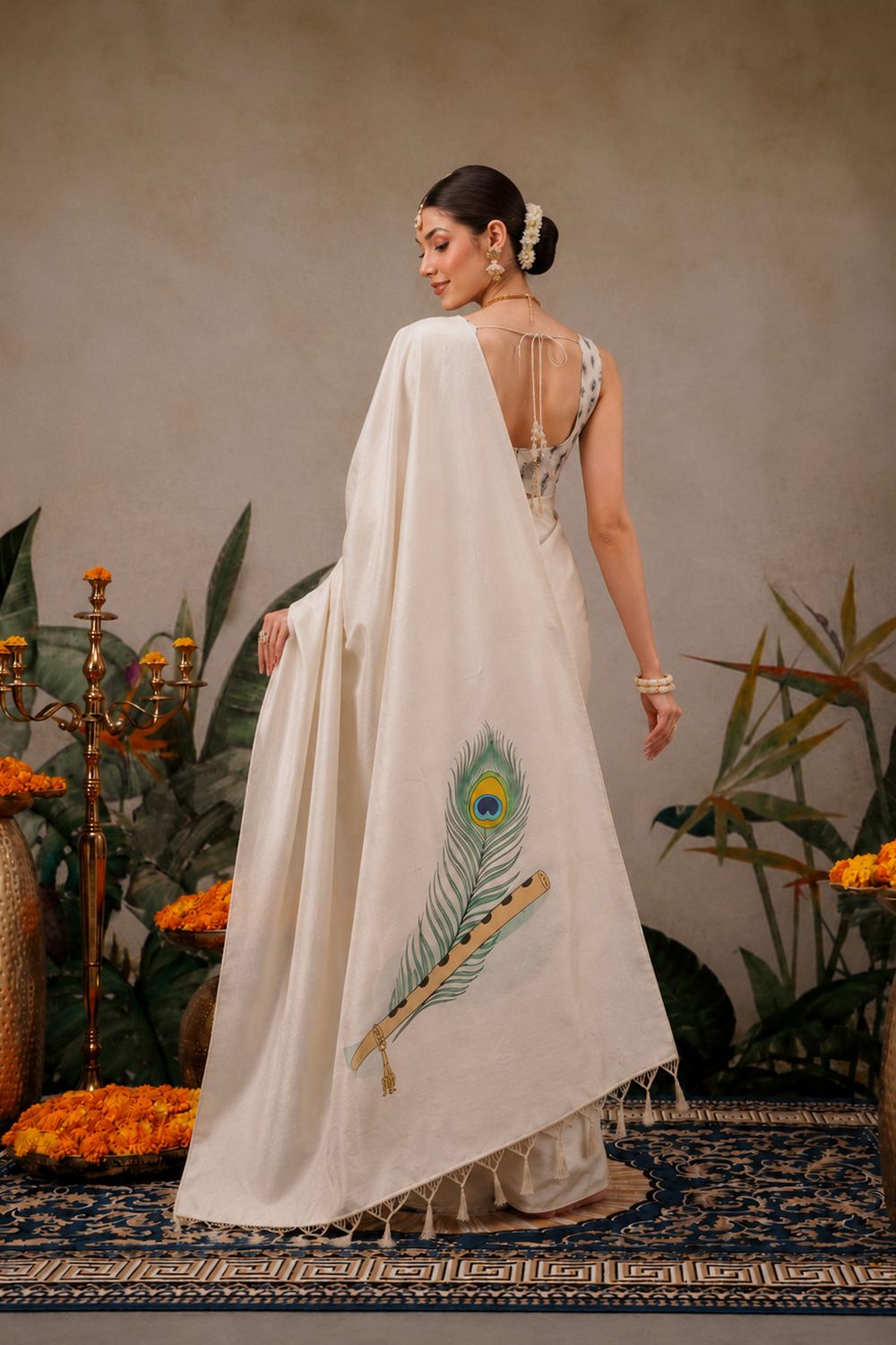 Emma Cream Soft Silk Peacock Printed Ready to Wear Saree