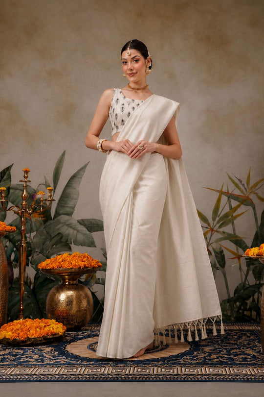 Emma Cream Soft Silk Peacock Printed Ready to Wear Saree
