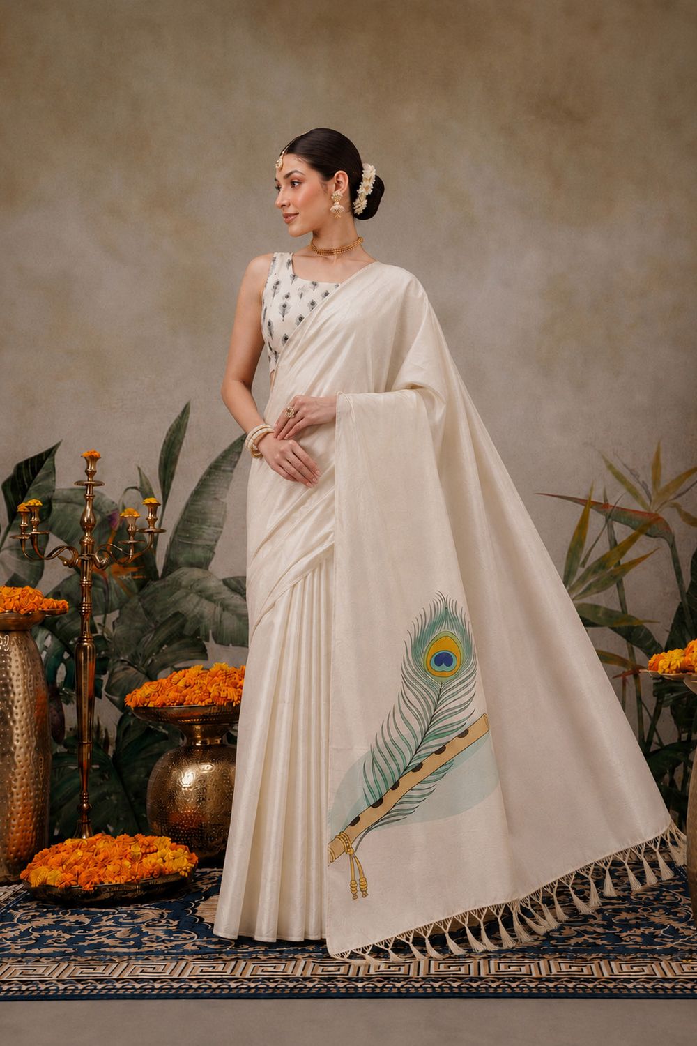 Emma Cream Soft Silk Peacock Printed Ready to Wear Saree