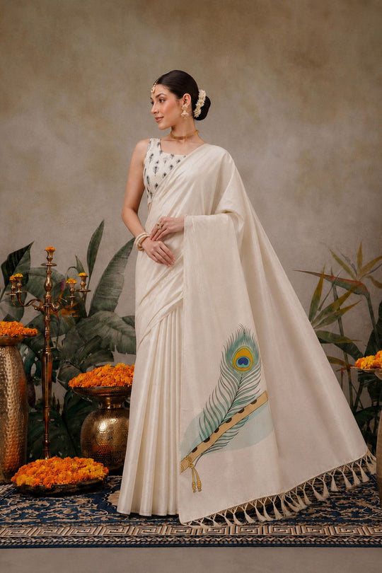 Emma Cream Soft Silk Peacock Printed Ready to Wear Saree