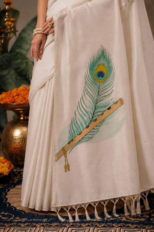 Emma Cream Soft Silk Peacock Printed Ready to Wear Saree