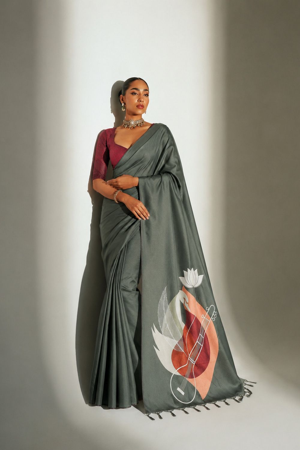 Emma Olive Soft Silk Floral Ready to Wear Saree