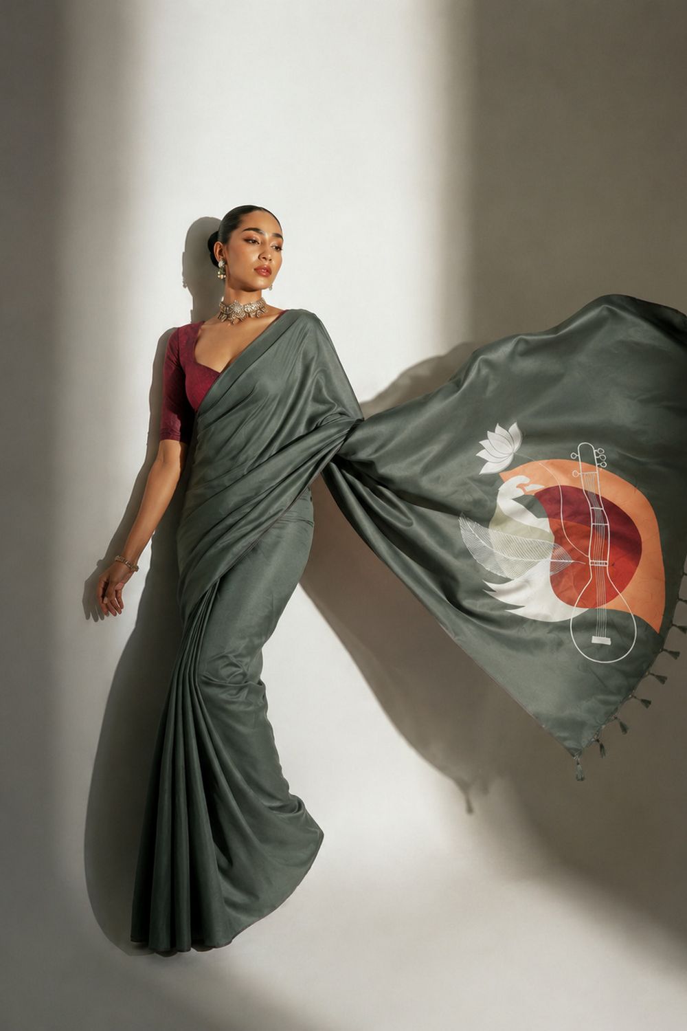 Emma Olive Soft Silk Floral Ready to Wear Saree