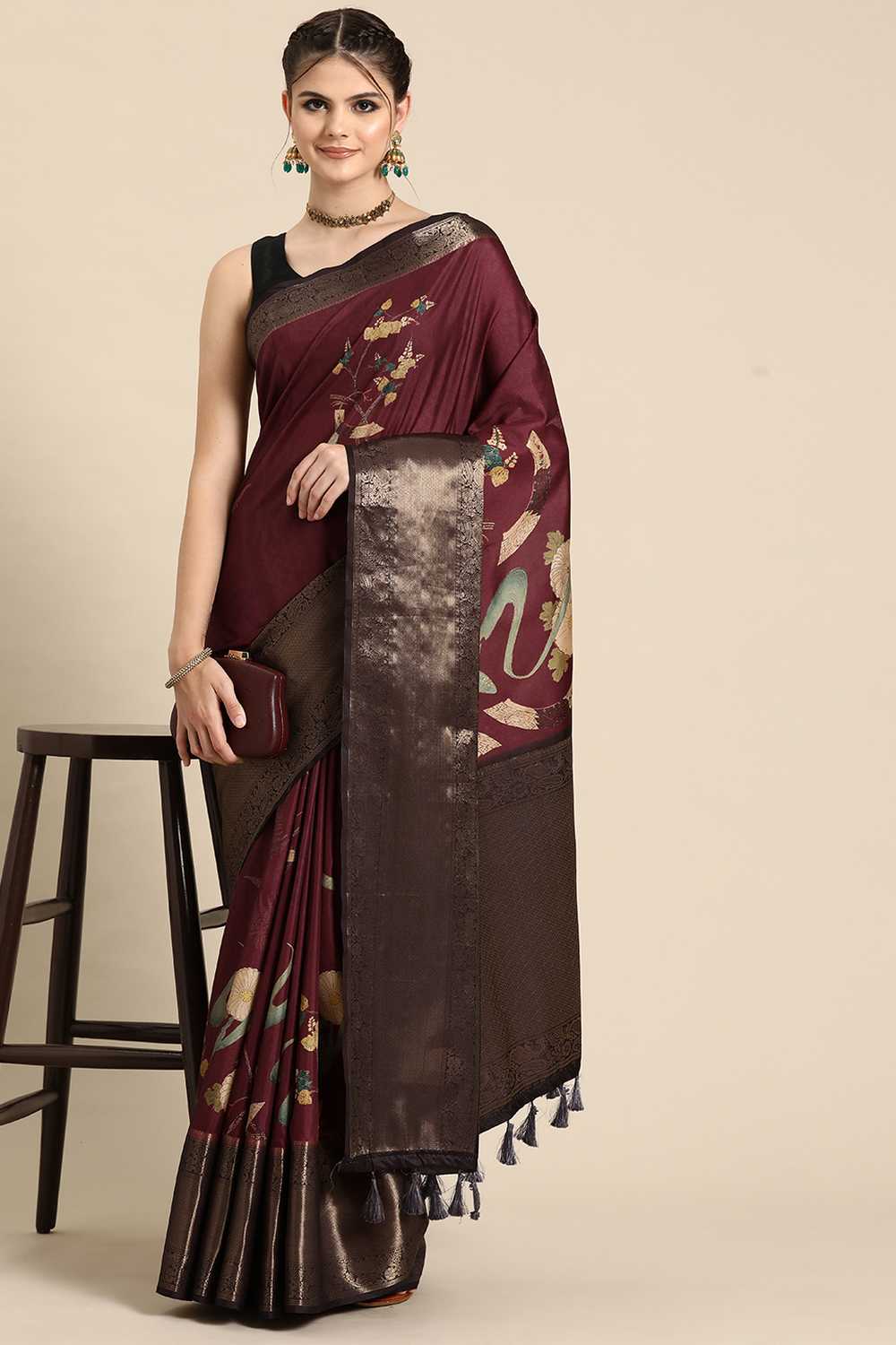 Ruhi Wine Kanchipuram Silk Floral Digital Printed Ready to Wear One Minute Saree
