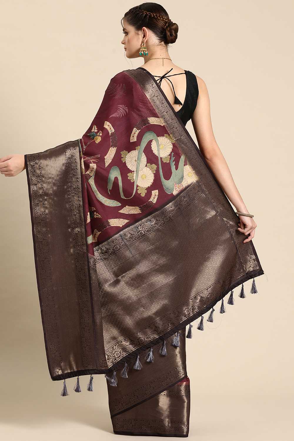 Ruhi Wine Kanchipuram Silk Floral Digital Printed Ready to Wear One Minute Saree