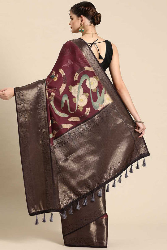 Ruhi Wine Kanchipuram Silk Floral Digital Printed Ready to Wear One Minute Saree