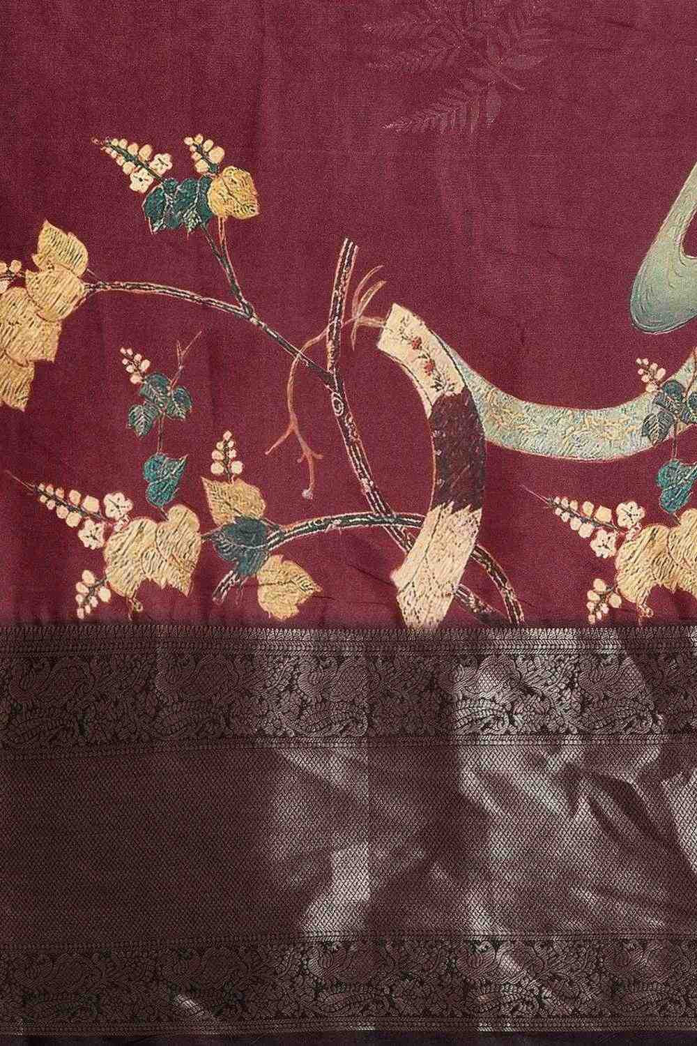 Ruhi Wine Kanchipuram Silk Floral Digital Printed Ready to Wear One Minute Saree