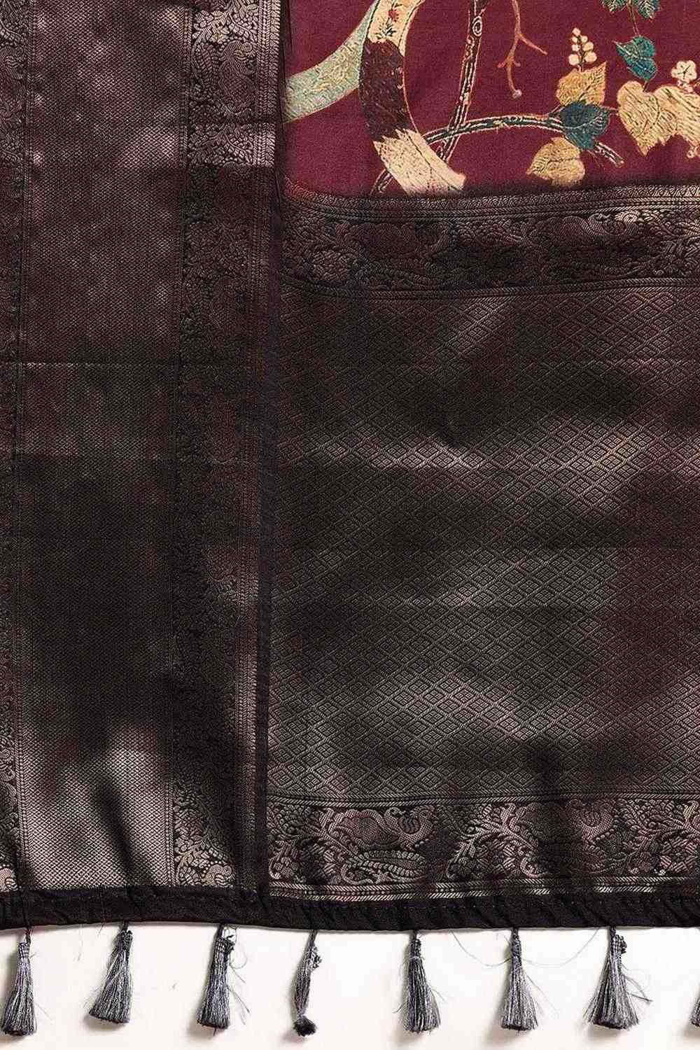 Ruhi Wine Kanchipuram Silk Floral Digital Printed Ready to Wear One Minute Saree