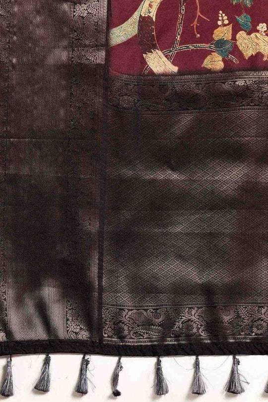 Ruhi Wine Kanchipuram Silk Floral Digital Printed Ready to Wear One Minute Saree