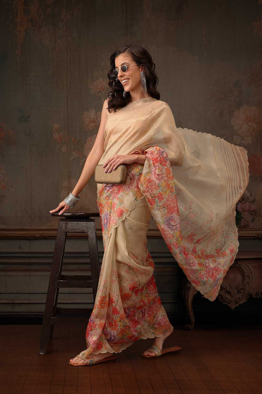 Anise Beige Tissue Floral Digital Printed Ready to Wear One Minute Saree