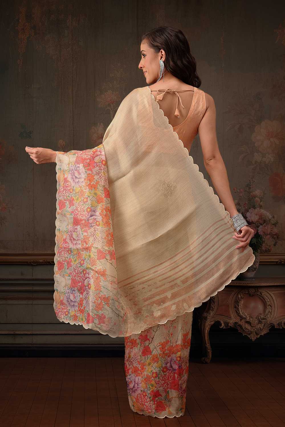 Anise Beige Tissue Floral Digital Printed Ready to Wear One Minute Saree