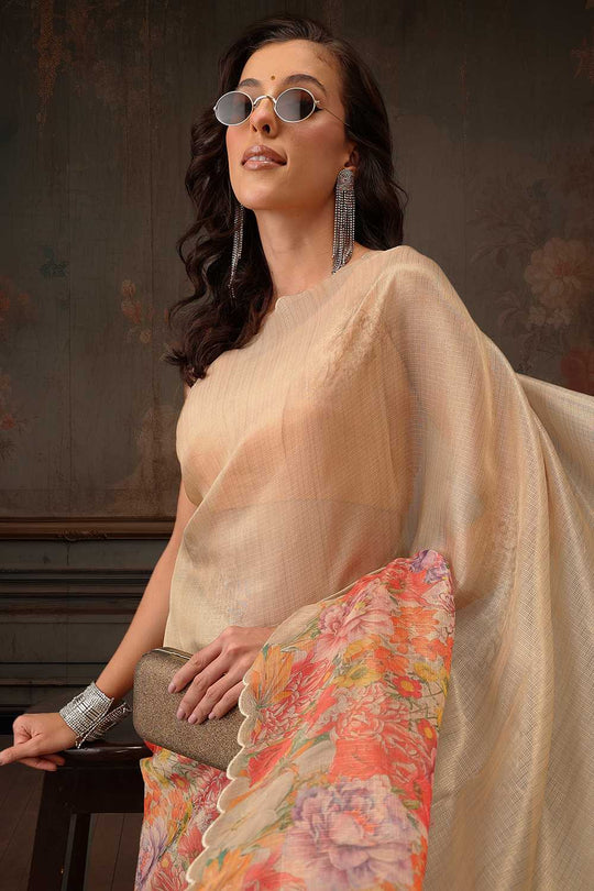 Anise Beige Tissue Floral Digital Printed Ready to Wear One Minute Saree