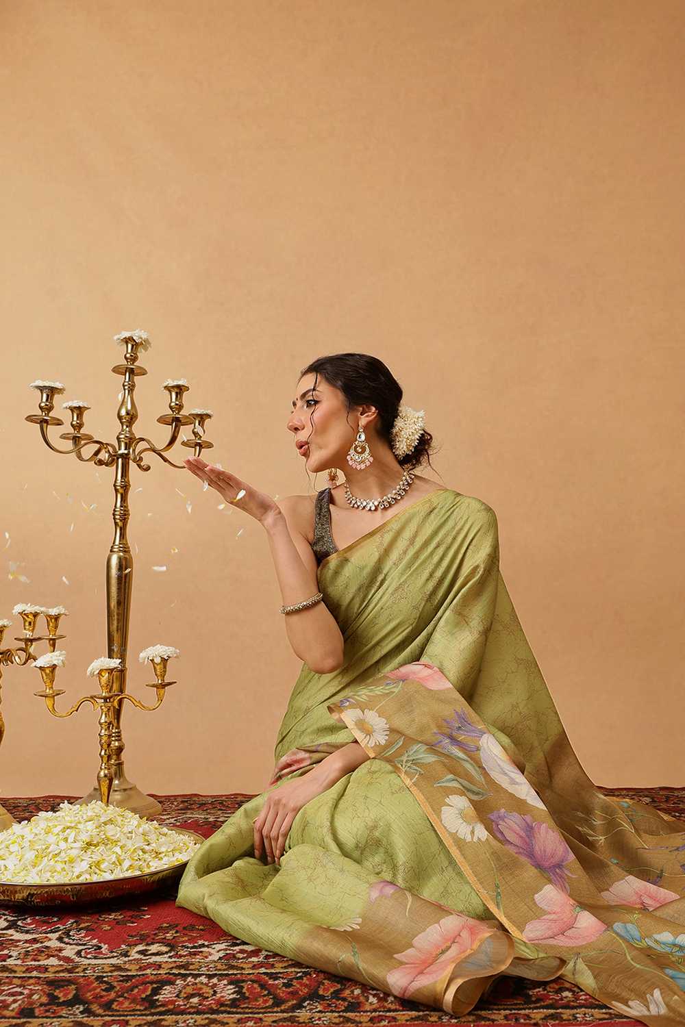 Zora Olive Cotton Blend Floral Digital Printed Ready to Wear One Minute Saree