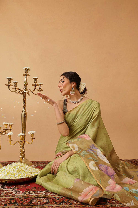 Zora Olive Cotton Blend Floral Digital Printed Ready to Wear One Minute Saree