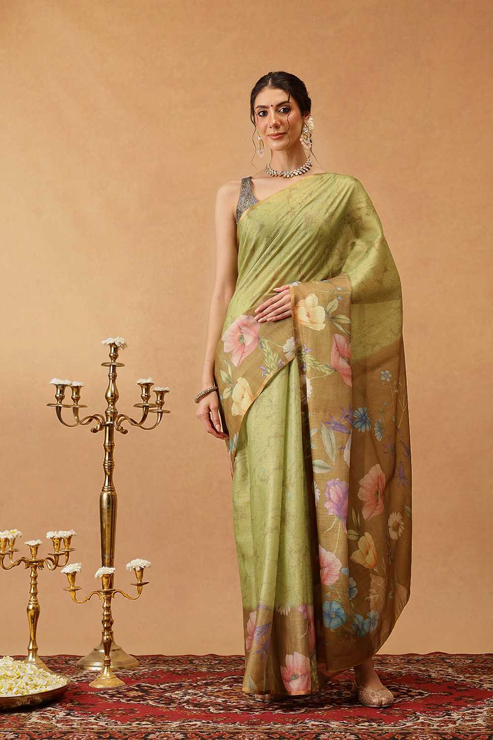 Zora Olive Cotton Blend Floral Digital Printed Ready to Wear One Minute Saree