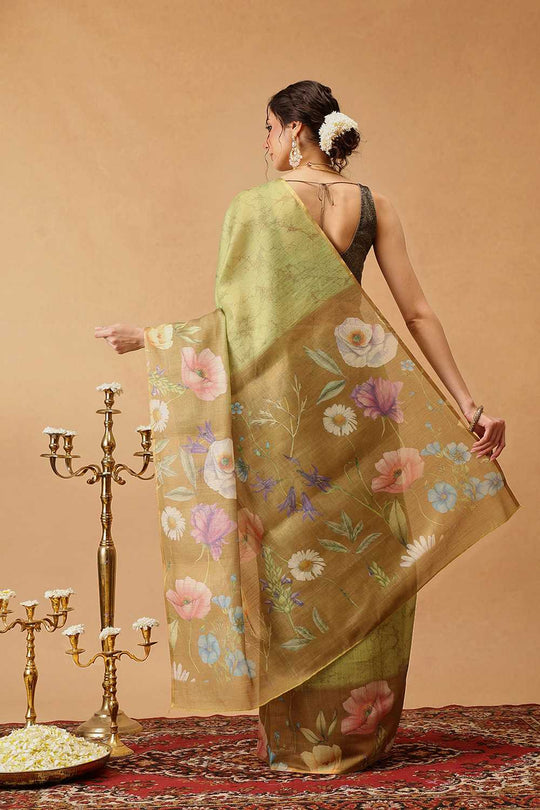 Zora Olive Cotton Blend Floral Digital Printed Ready to Wear One Minute Saree