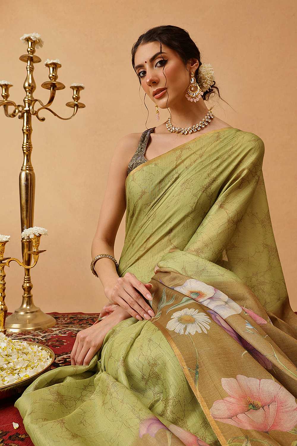 Zora Olive Cotton Blend Floral Digital Printed Ready to Wear One Minute Saree