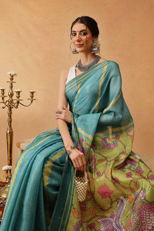 Zora Teal Cotton Blend Striped Digital Printed Ready to Wear One Minute Saree