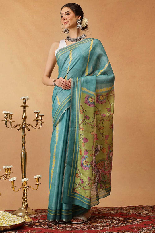 Zora Teal Cotton Blend Striped Digital Printed Ready to Wear One Minute Saree
