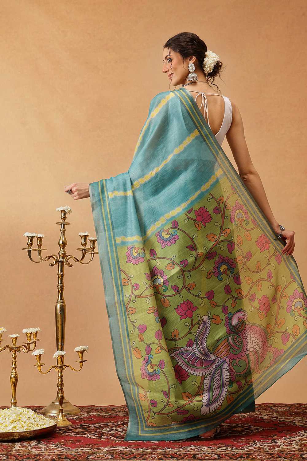 Zora Teal Cotton Blend Striped Digital Printed Ready to Wear One Minute Saree
