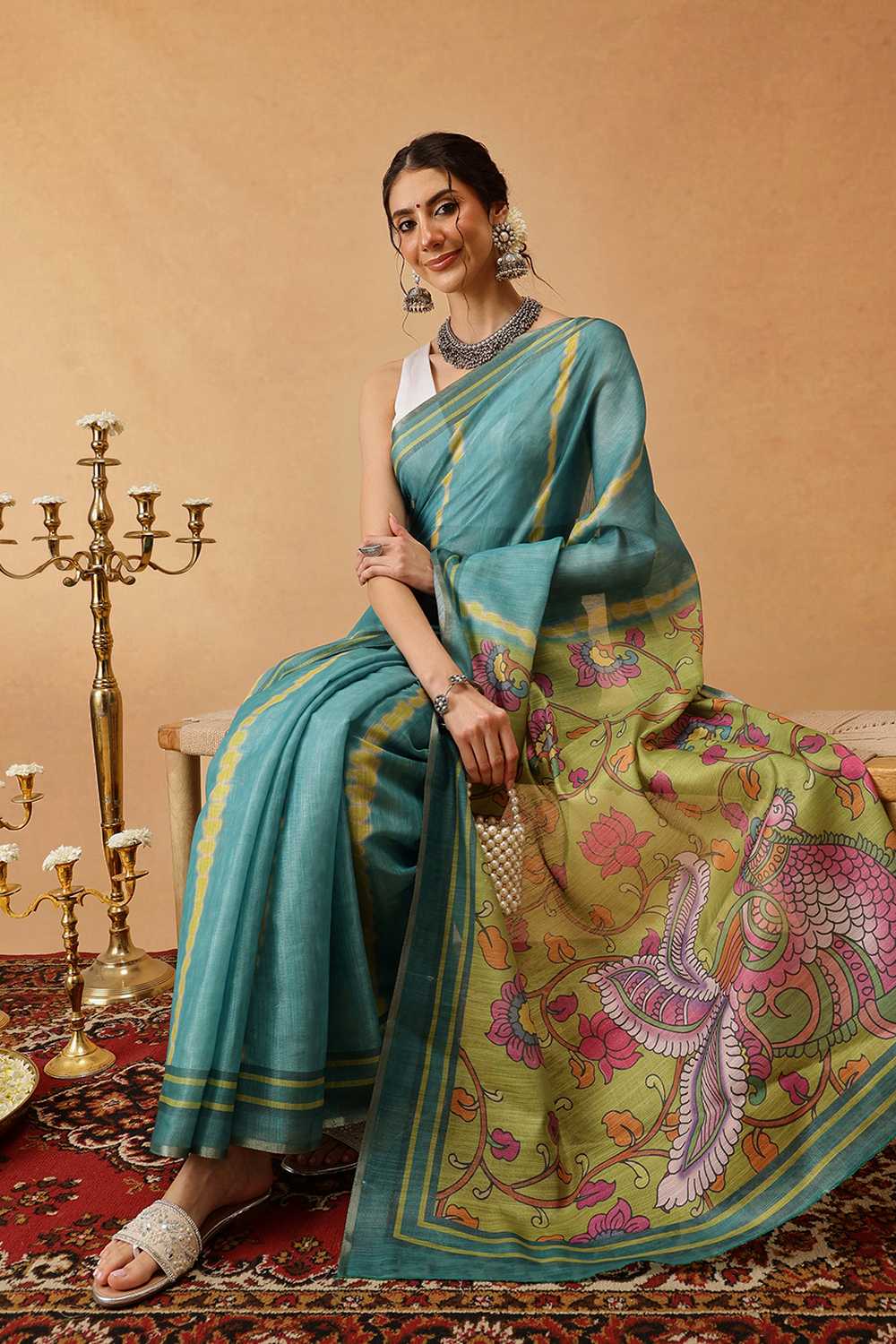 Zora Teal Cotton Blend Striped Digital Printed Ready to Wear One Minute Saree