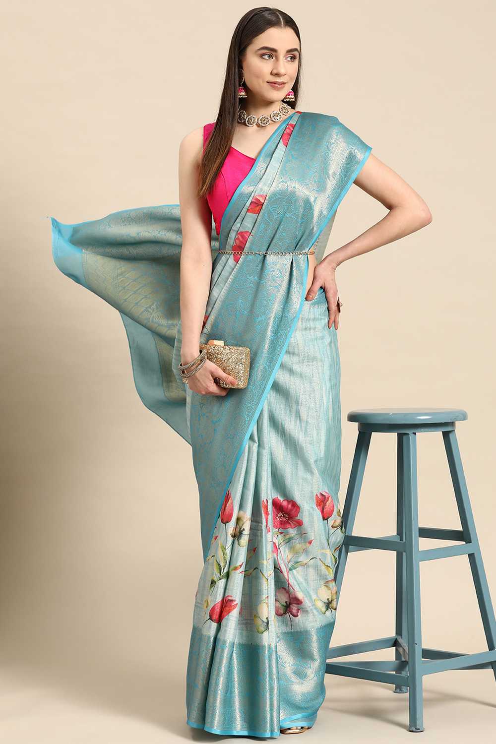 Anise Blue Tissue Floral Digital Printed Ready to Wear One Minute Saree