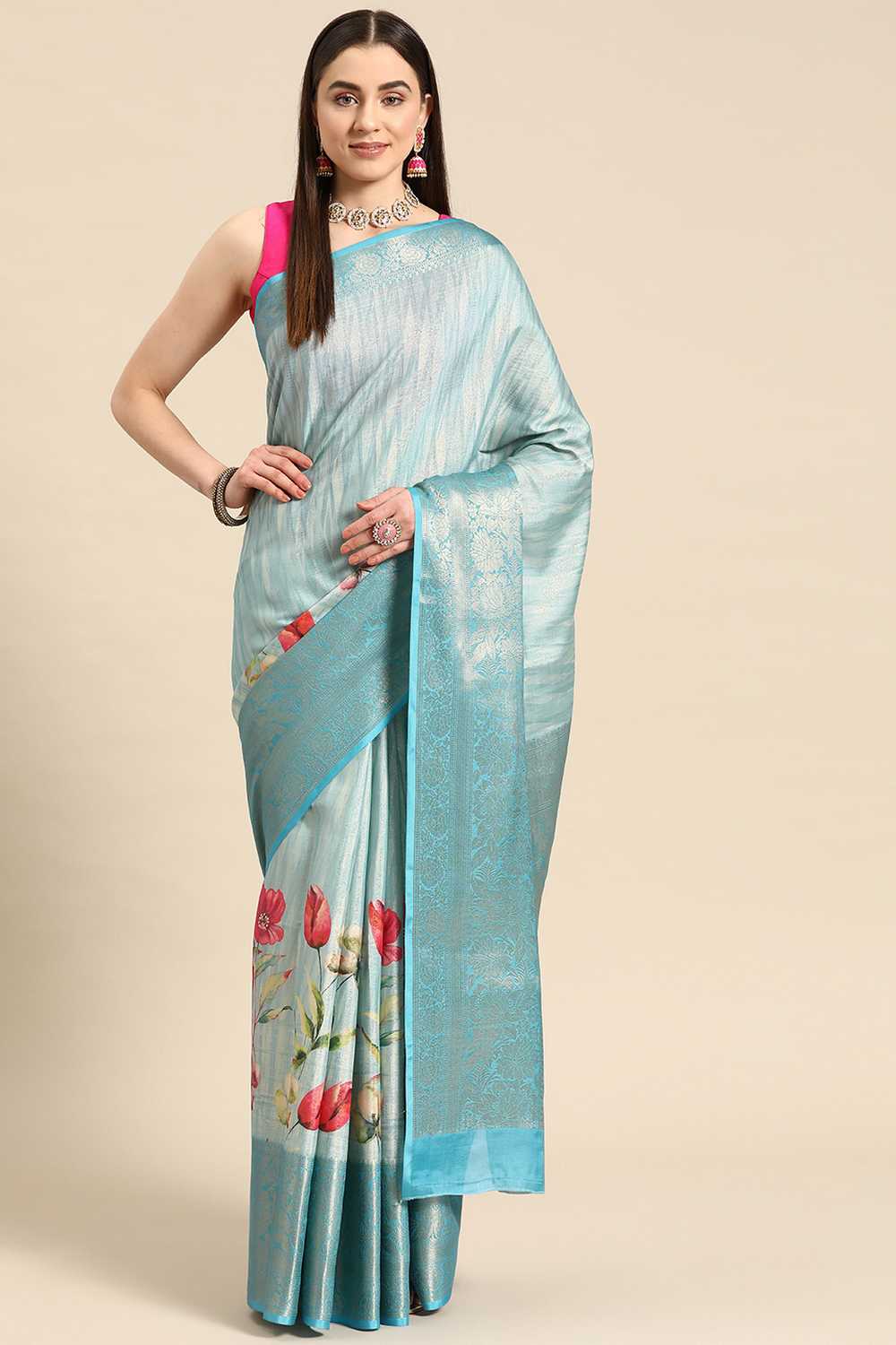 Anise Blue Tissue Floral Digital Printed Ready to Wear One Minute Saree